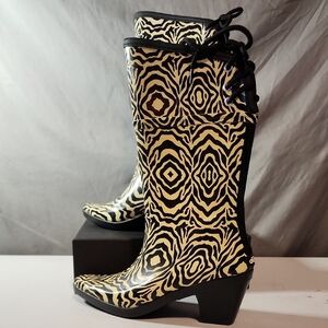 Dav Vintage Cowboy Cream and Black RainBoots with Retro Swirl Design